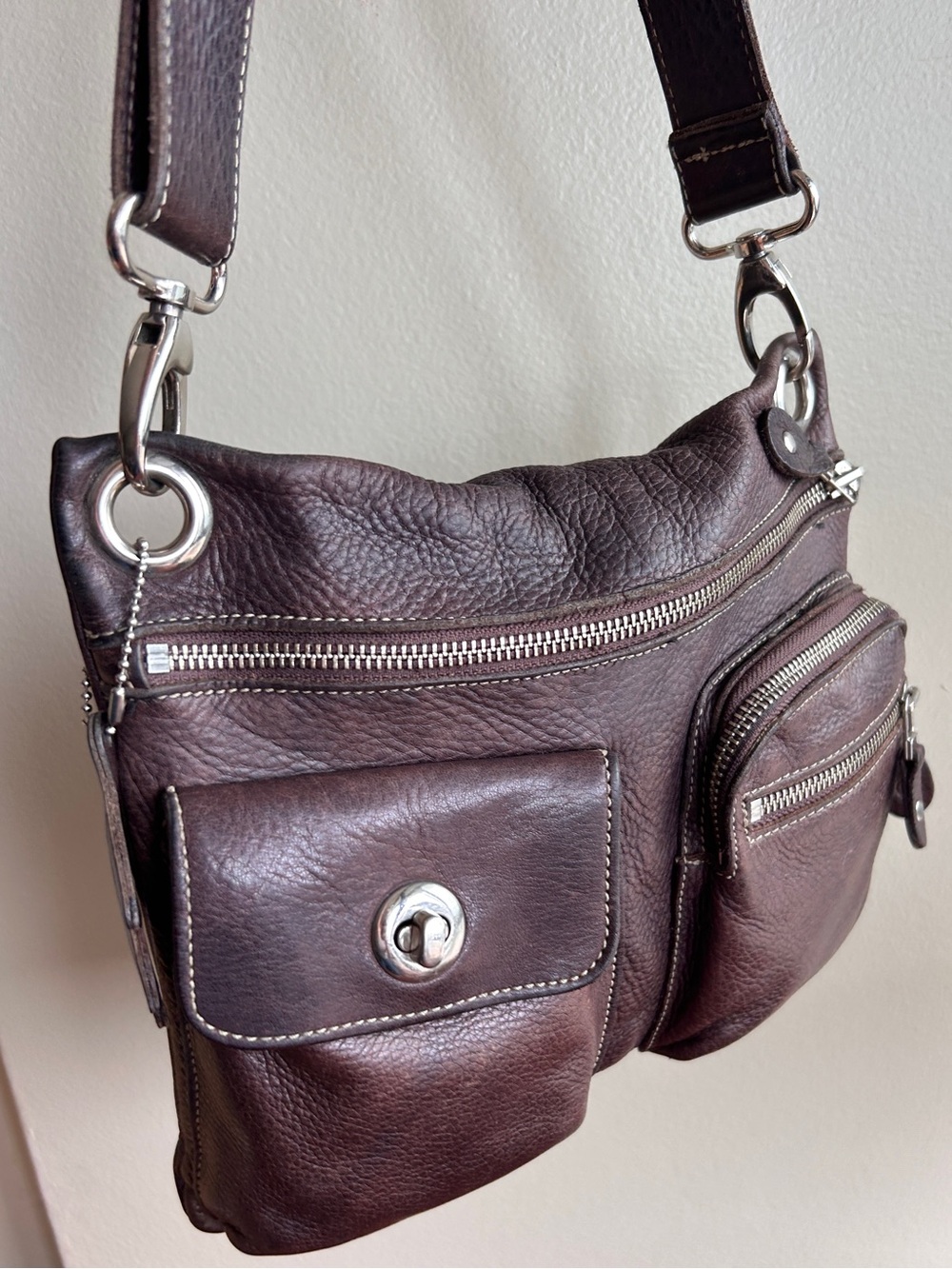 Roots Genuine Leather Brown Multi Pocket Crossbody Bag